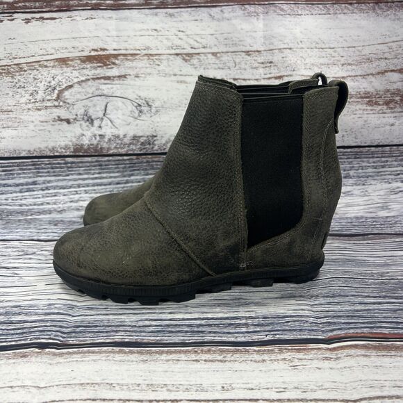 Sorel Joan Of Arctic Wedge II Chelsea Ankle Boots Quarry Black Leather, Size 10 - Picture 3 of 9